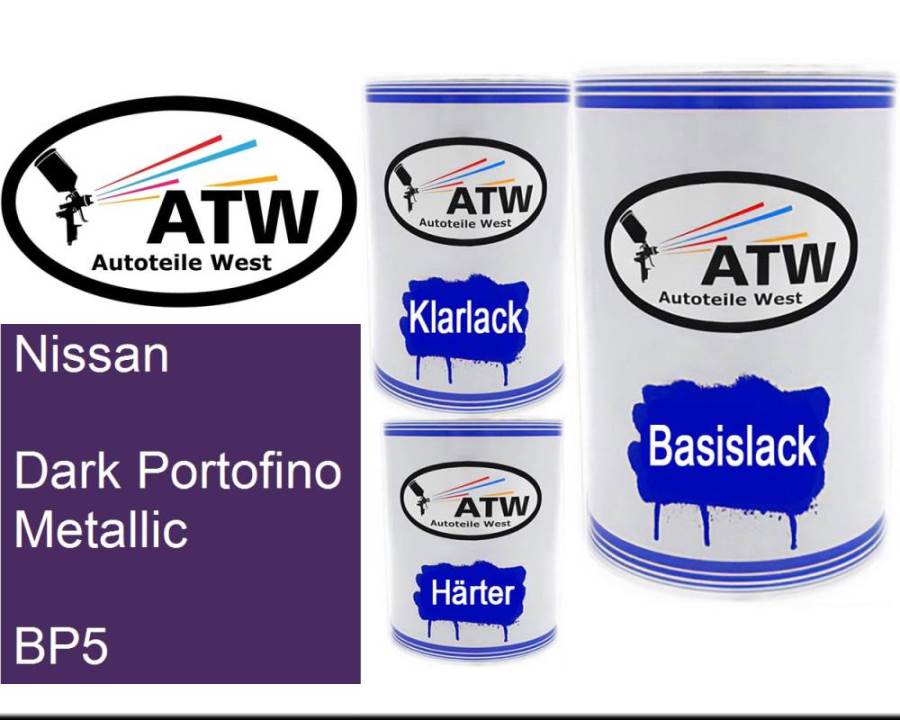 Nissan, Dark Portofino Metallic, BP5: 500ml Lackdose + 500ml Klarlack + 250ml Härter - Set, von ATW Autoteile West.